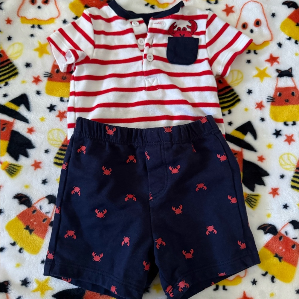 Little Me Red and White Striped Set with Navy Shorts